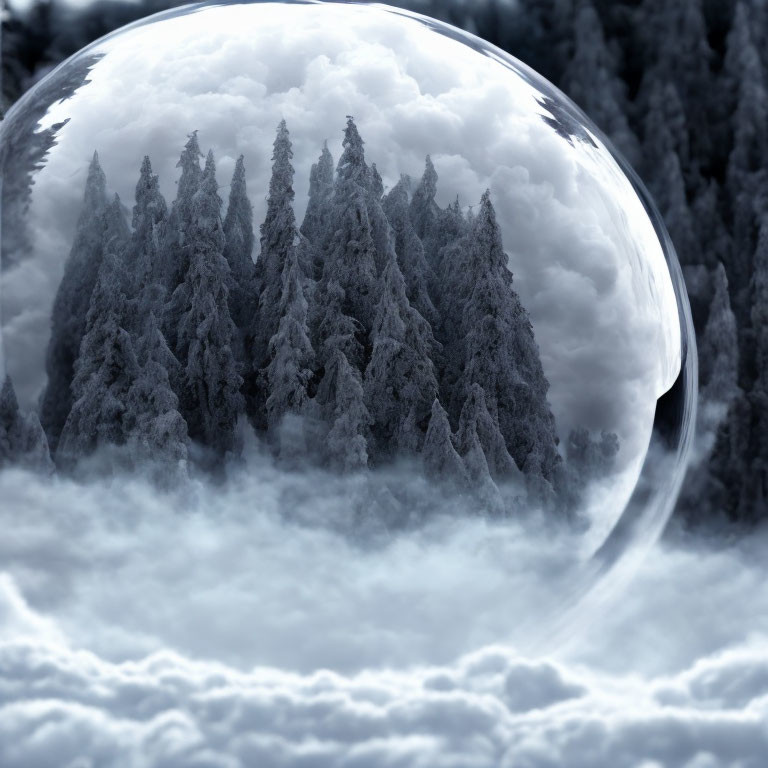 Monochrome image of snow-covered pine forest in reflective bubble