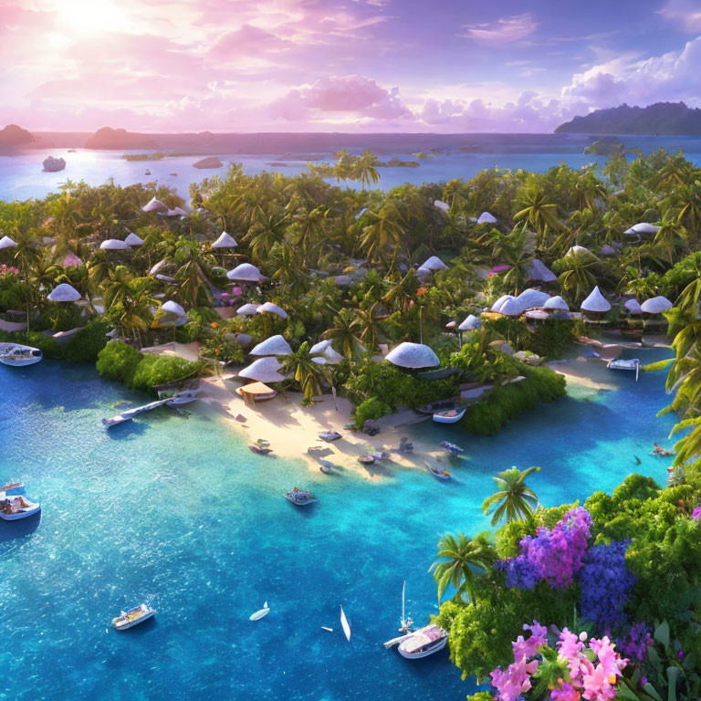 Luxurious tropical island resort with overwater bungalows, lush vegetation, boats, and serene sunset