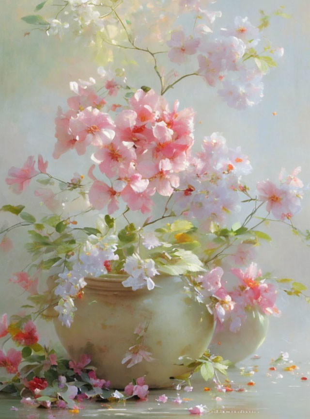 Delicate pink cherry blossoms in a cream vase on a light background