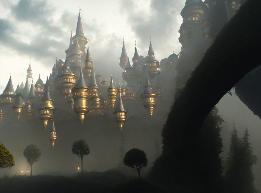 Mystical castle with towering spires in lush environment