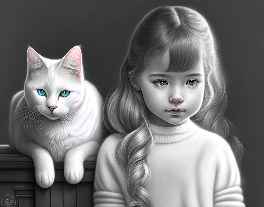 Girl with braid and white cat on wooden surface, serene expressions