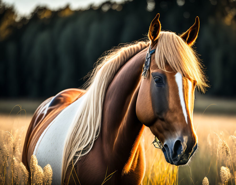 Brown and White Horse in Golden Field with Sunlight Glow