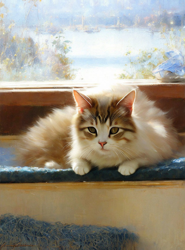 Fluffy cat relaxing on windowsill with lakeside view