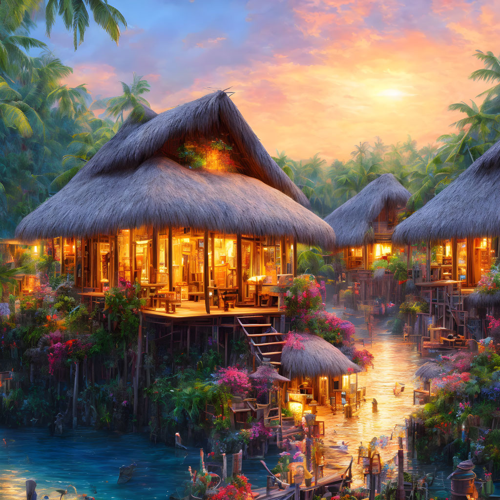 Tropical Thatched-Roof Bungalows Over Water at Sunset