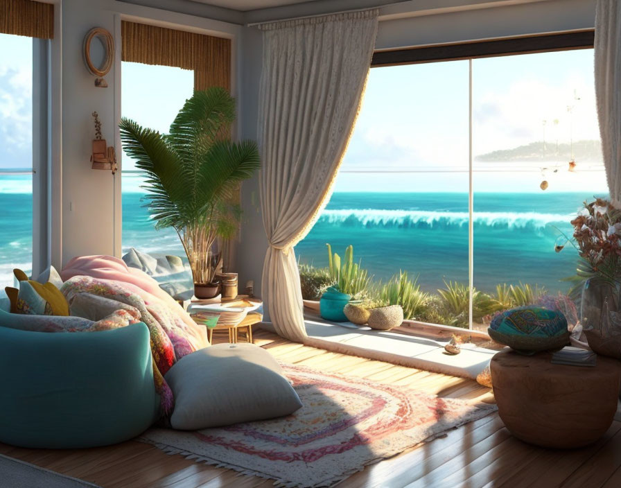 Beachfront room with large sea view window, blue sofa, colorful cushions, plants, and woven