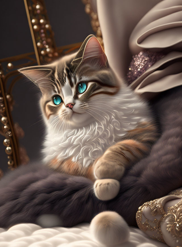 Fluffy cat with blue eyes beside pearl necklaces and fabric