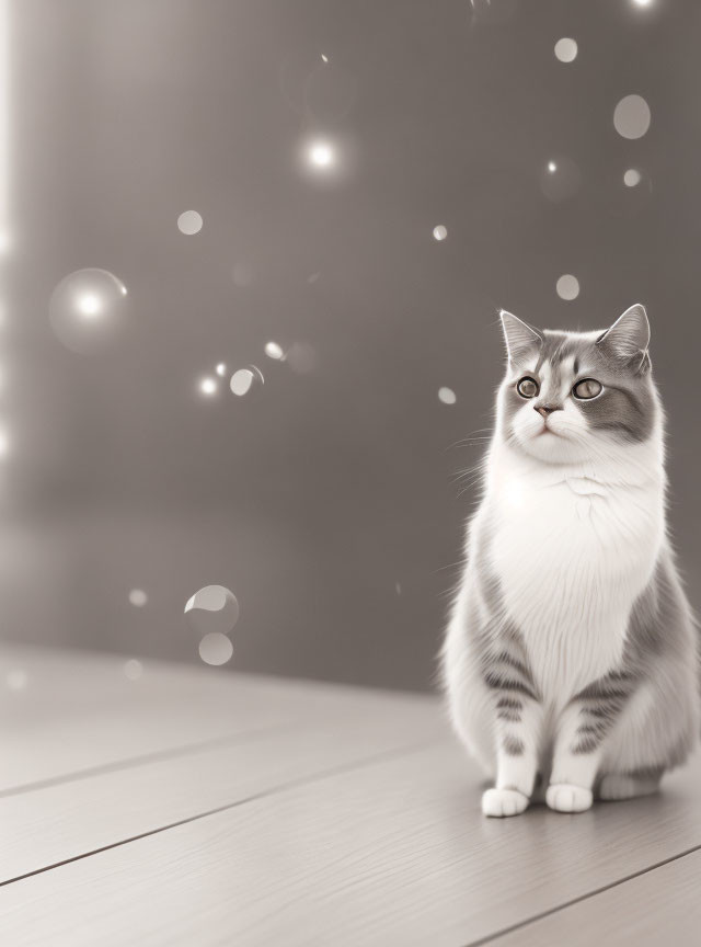 Gray and White Cat Sitting on Wooden Floor in Sepia-Toned Room