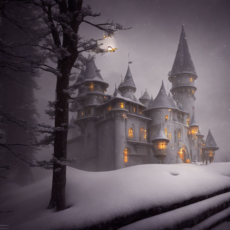 Snowy landscape with mystical castle, lit windows, spires, and dusk sky.