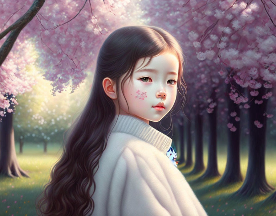 Digital illustration: Young girl with long hair in pastel landscape with pink blooming trees