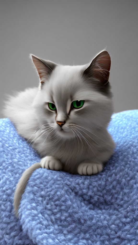 Fluffy White Cat with Green Eyes on Blue Blanket