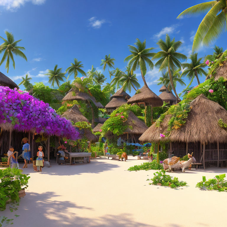 Tropical village scene with thatched-roof huts and lush greenery