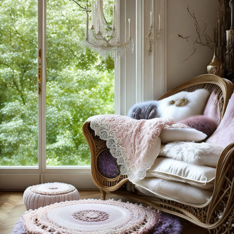 Ornate wicker chaise with plush cushions by window and crochet floor poufs