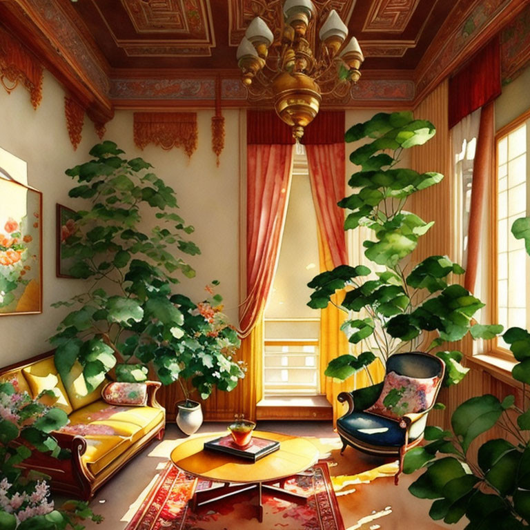 Sunlit Room with Ornate Decor and Lush Green Plants