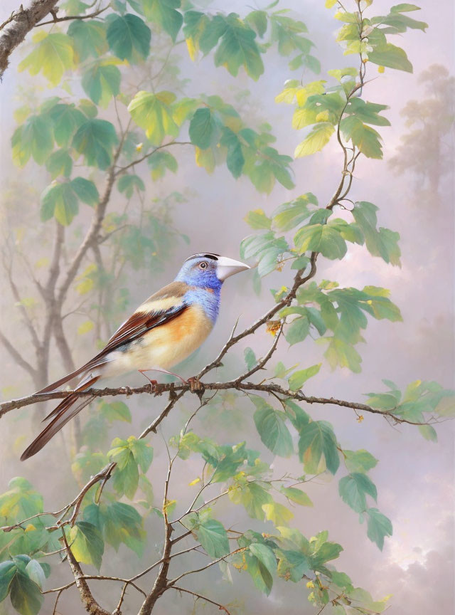 Colorful Bird Perched on Tree Branch with Soft-Focus Leaves and Pink Background