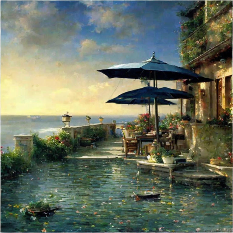 Tranquil Coastal Patio Scene with Blue Umbrellas and Ocean View