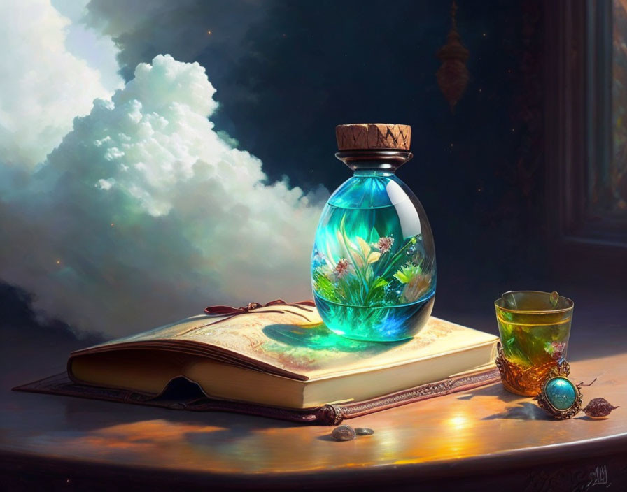 Enchanting potion bottle with flowers on open book and cup with ring