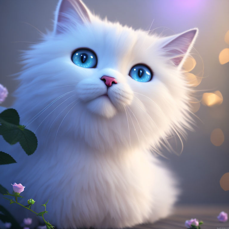 White Cat with Blue Eyes Surrounded by Pink Flowers and Glowing Lights