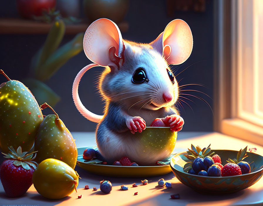 Animated mouse with large ears holding a strawberry beside fruit in warm light