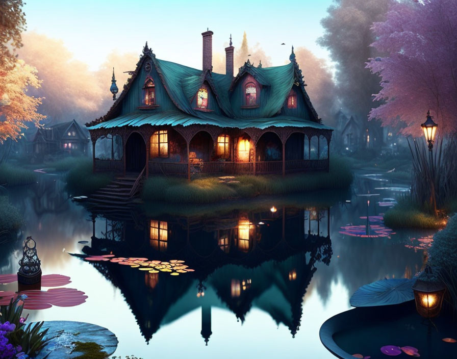 Victorian-style house at dusk by serene lake with warm lights and lush foliage