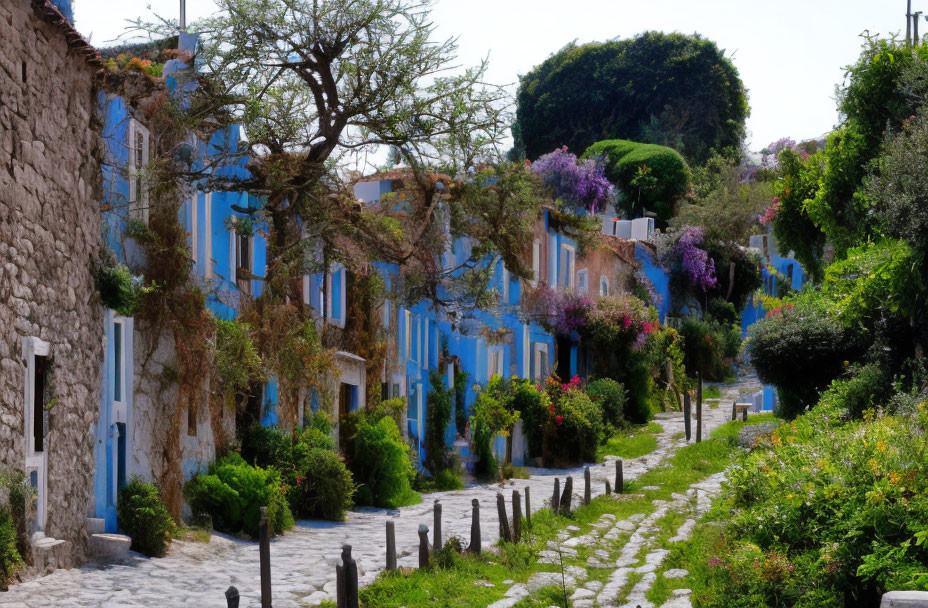 Charming cobblestone street with colorful houses and greenery