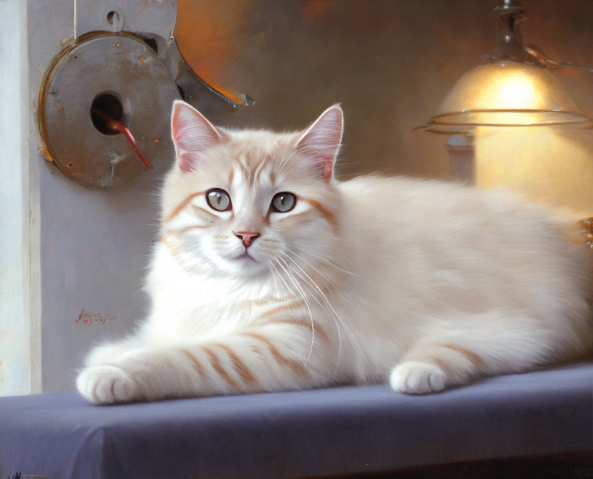 Fluffy white and beige cat with striking markings lounges on ledge with vintage metallic fixtures