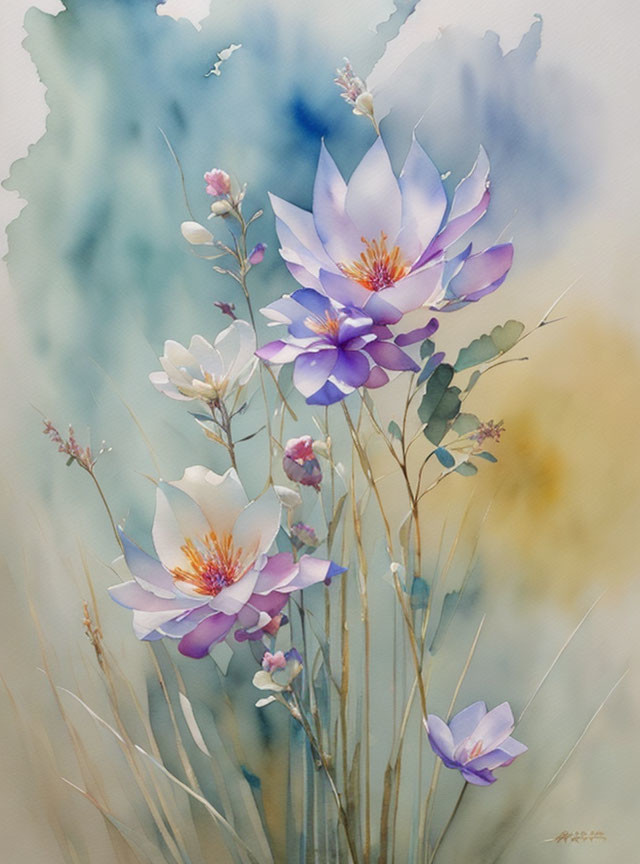 Delicate Purple and White Flowers Watercolor Painting on Blended Background