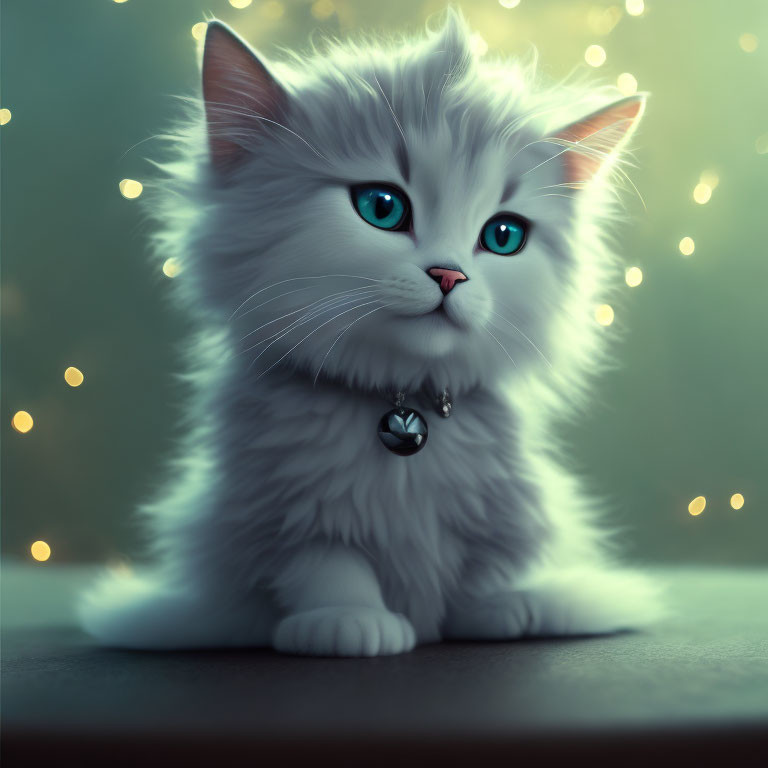 Adorable White Kitten with Blue Eyes and Bell Collar on Bokeh Background