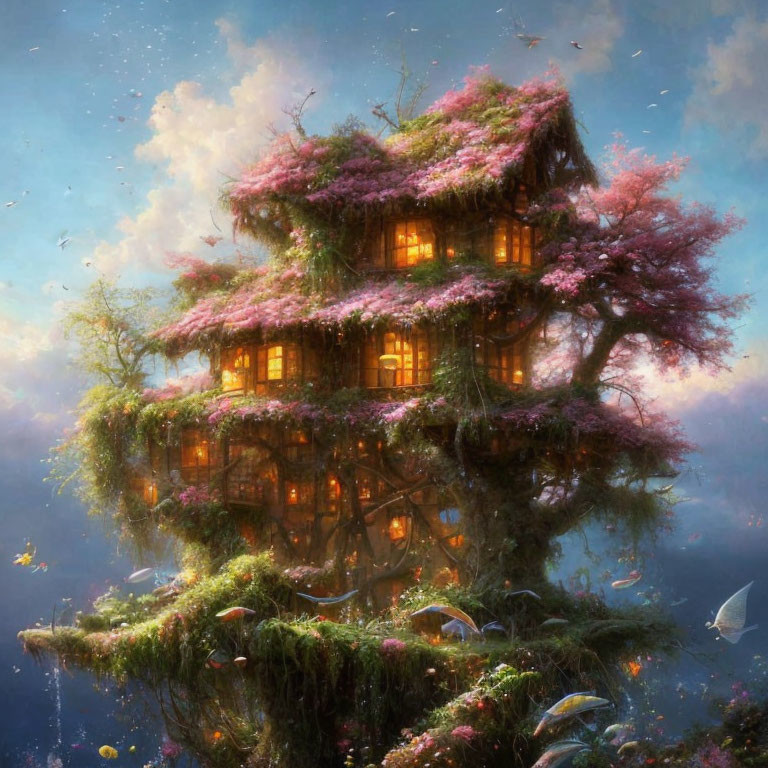 Whimsical treehouse surrounded by pink blossoms and greenery