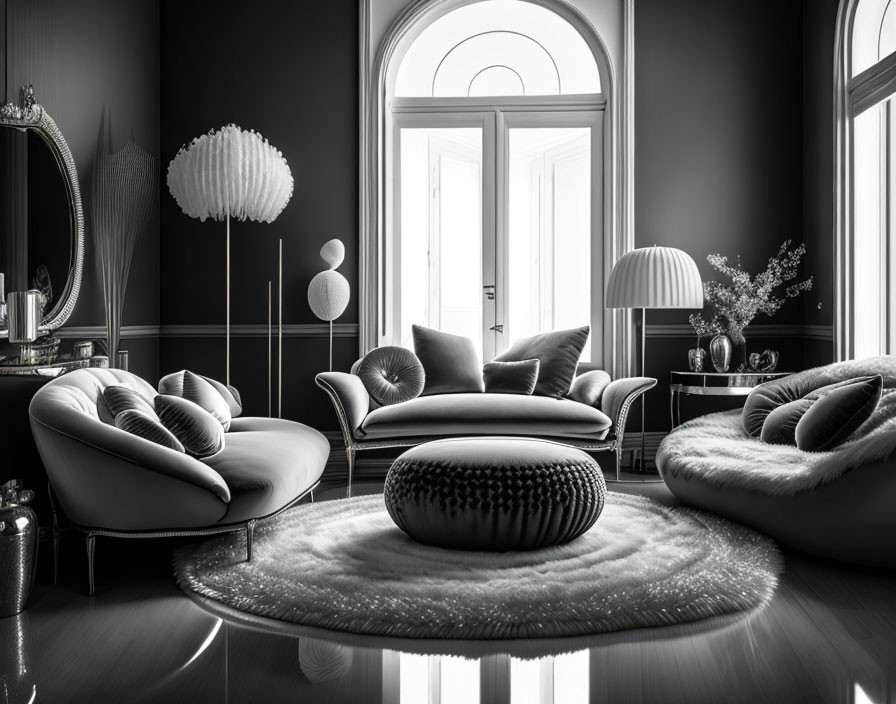 Modern monochrome living room with plush furniture, stylish lamps, and glossy floor.