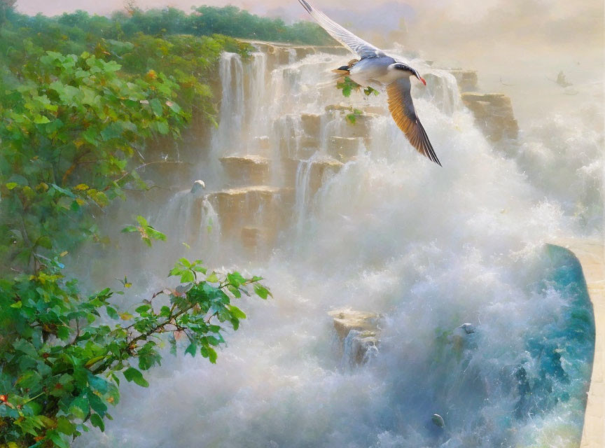 Bird flying over misty waterfall in lush green landscape