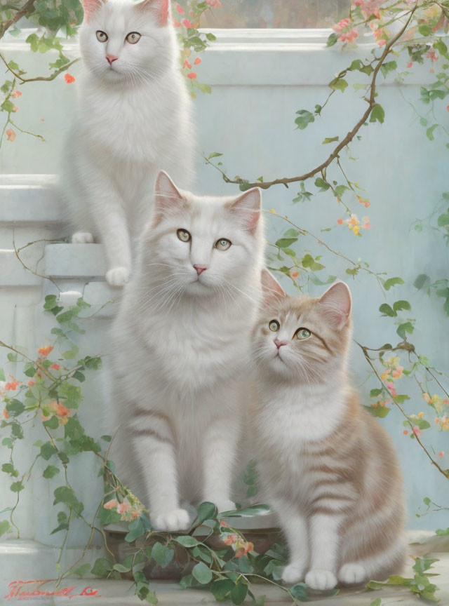 Three cats with white and ginger fur on staircase with green vines and pink flowers