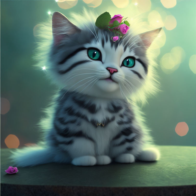 Fluffy grey-striped kitten with turquoise eyes and pink rose on head in soft glowing lights