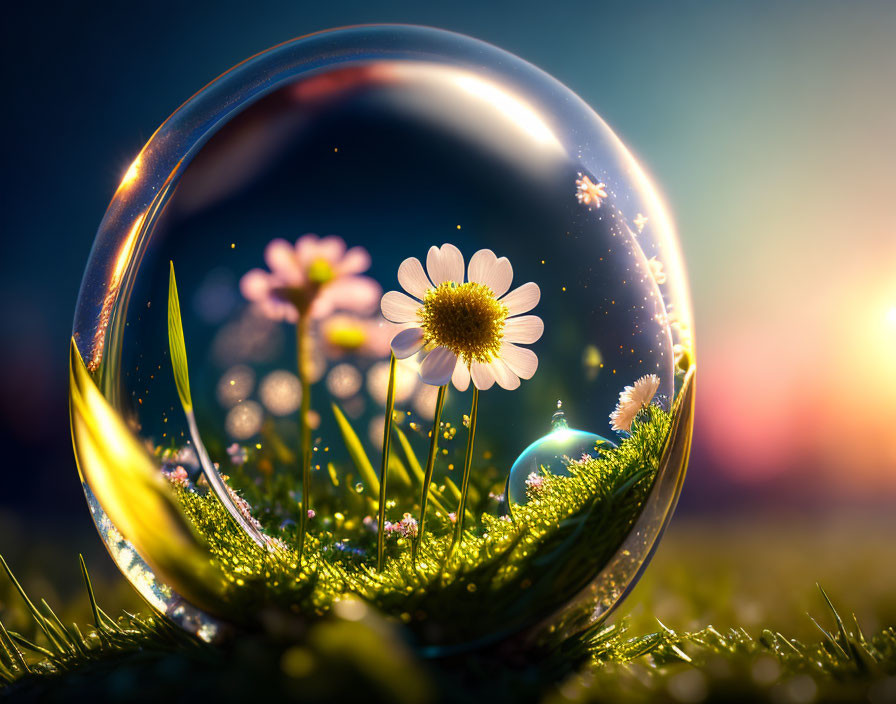 Transparent bubble magnifies daisies and tiny flowers on grass with blurred sunset.