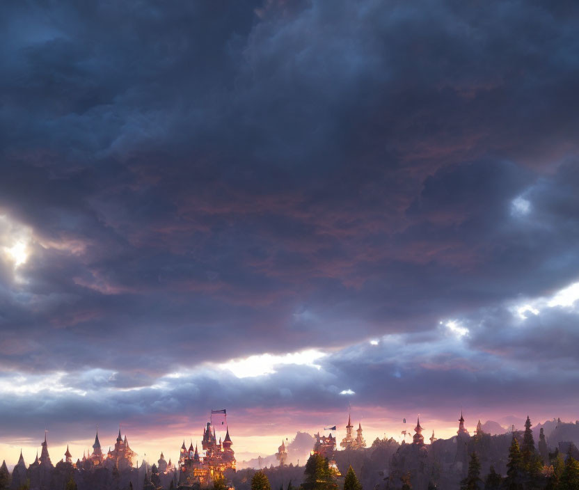 Silhouette of fairytale castle at sunrise with purple and orange sky