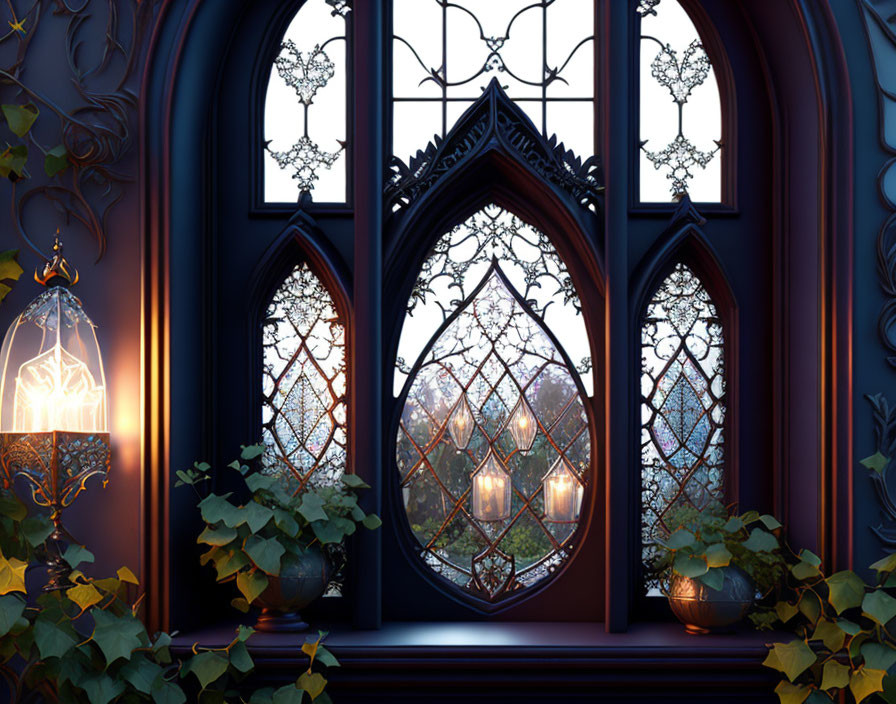 Gothic-style stained glass windows with iron detailing and lantern lighting in dark room.