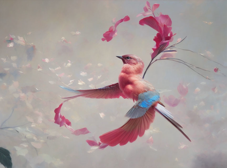 Colorful bird flying amidst pink blossoms on hazy backdrop