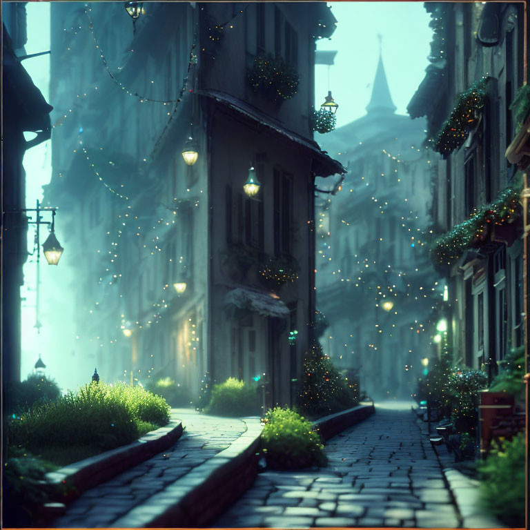 Tranquil Cobblestone Alley with Hanging Plants and Glowing Lanterns