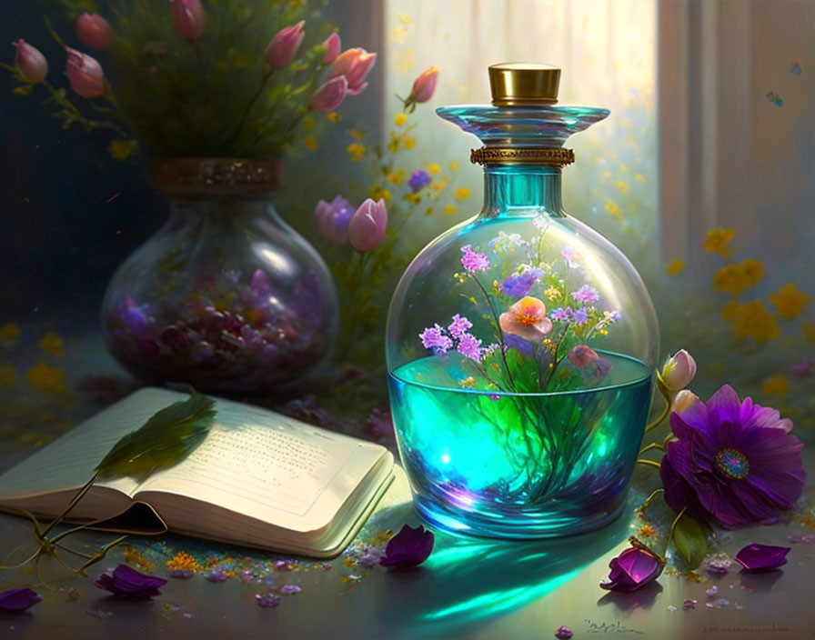 Luminescent blue glass bottle with flowers, open book, and scattered petals in warm light