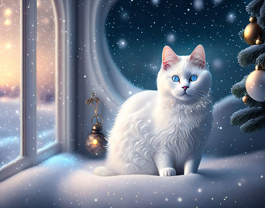 Fluffy white cat with blue eyes by snowy window and Christmas tree