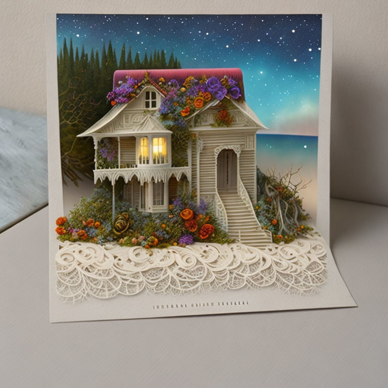 Detailed 3D Victorian house pop-up card with colorful flowers, night sky, and forest backdrop.