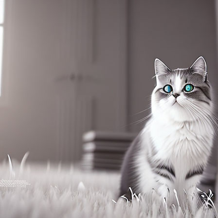 Gray and White Cat with Blue Eyes on White Carpet in Monochromatic Room