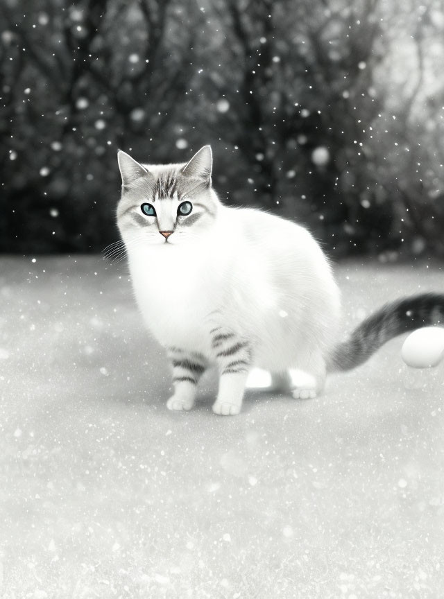 White and Gray Cat with Blue Eyes in Snowy Landscape