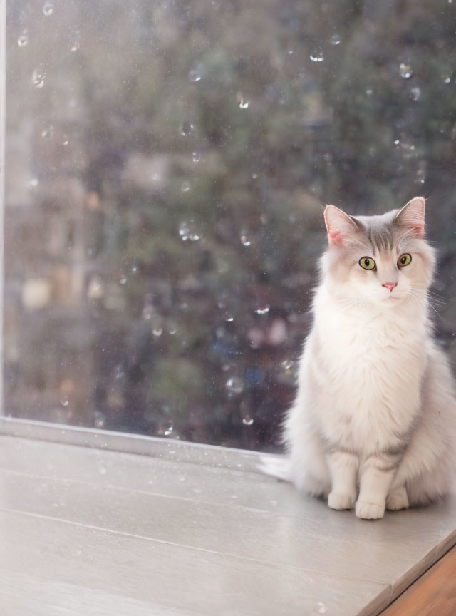 cute fluffy cat sitting by the window, autumn rain
