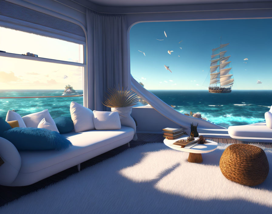 Coastal-themed room with sea view, white sofas, blue pillows, and sailing ship.