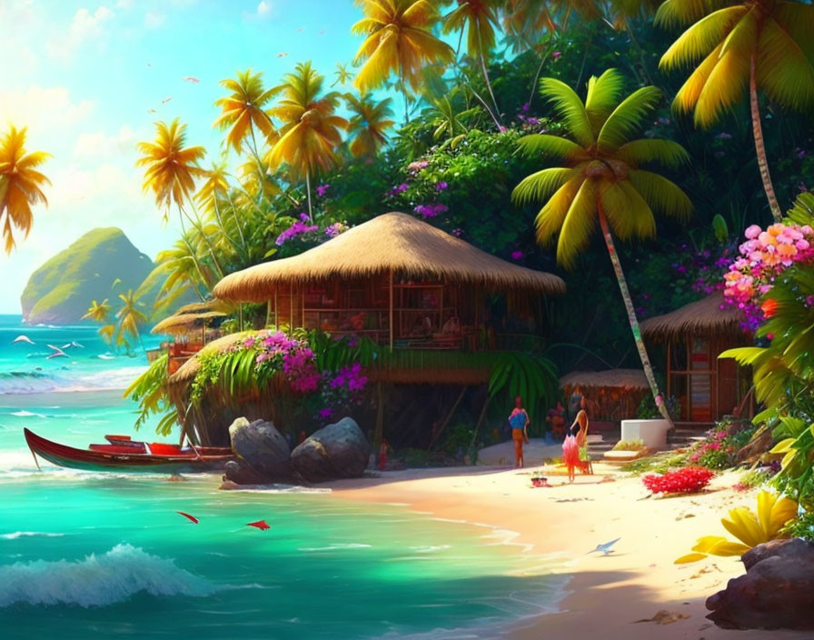 Idyllic Tropical Beach Scene with Thatched Huts, Canoe, and Lush Vegetation