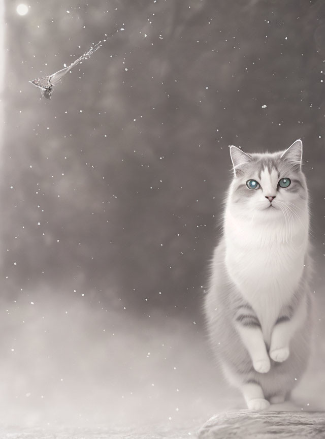 White cat with blue eyes observing snowflakes and dandelion seed on rock