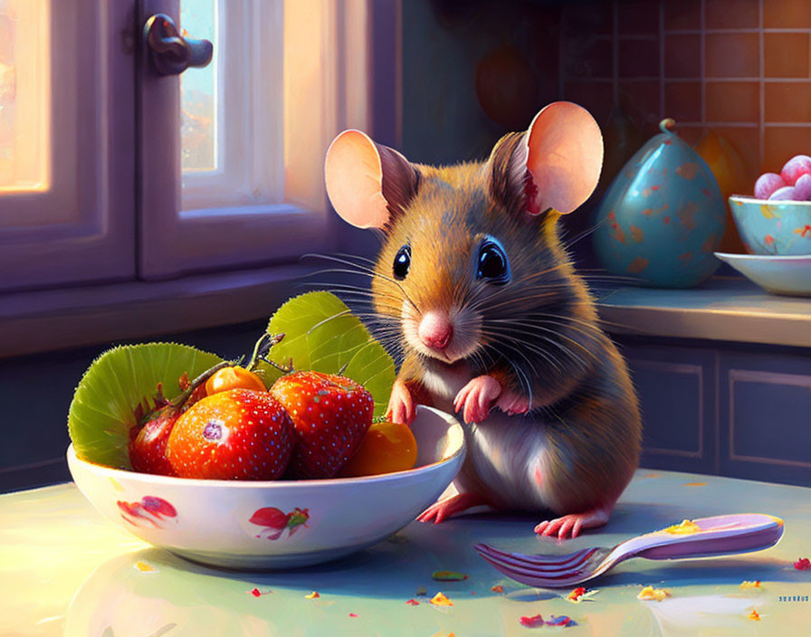 Animated mouse with strawberries on sunny windowsill