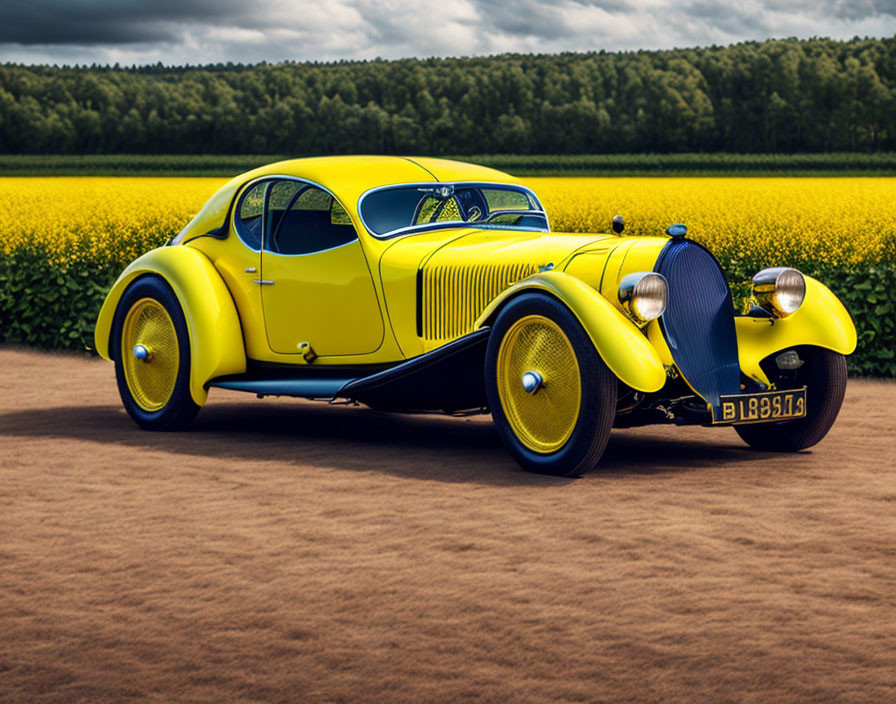 Vintage Yellow Car Parked by Yellow Flowers on Dirt Road