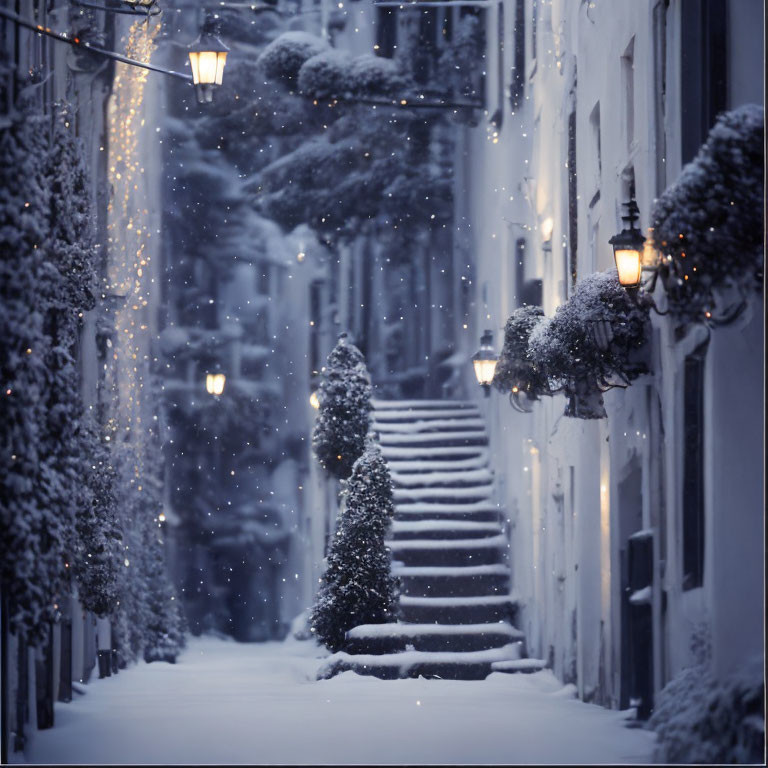 Snow-covered steps and illuminated lanterns in narrow alley at twilight