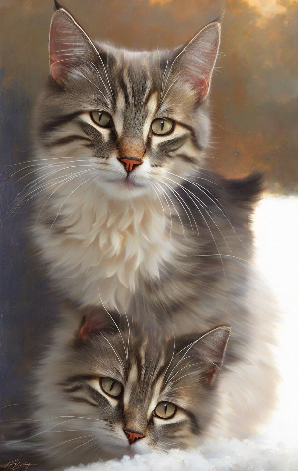 Realistic Painting of Two Fluffy Cats with Tabby Markings